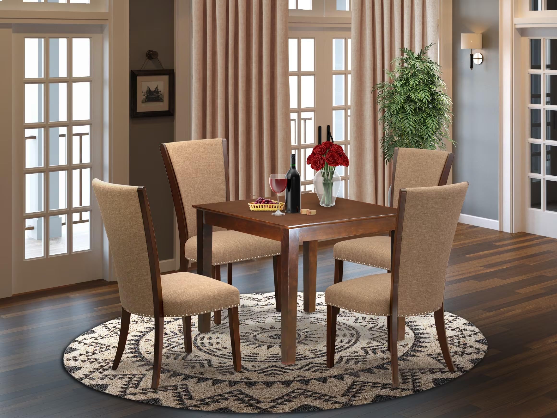 East West Furniture Oxve5-Mah-47 5 Piece Kitchen Table Set For 4 Includes A Square Dining Room Table And 4 Light Sable Linen Fabric Parsons Dining Chairs, 36X36 Inch, Mahogany
